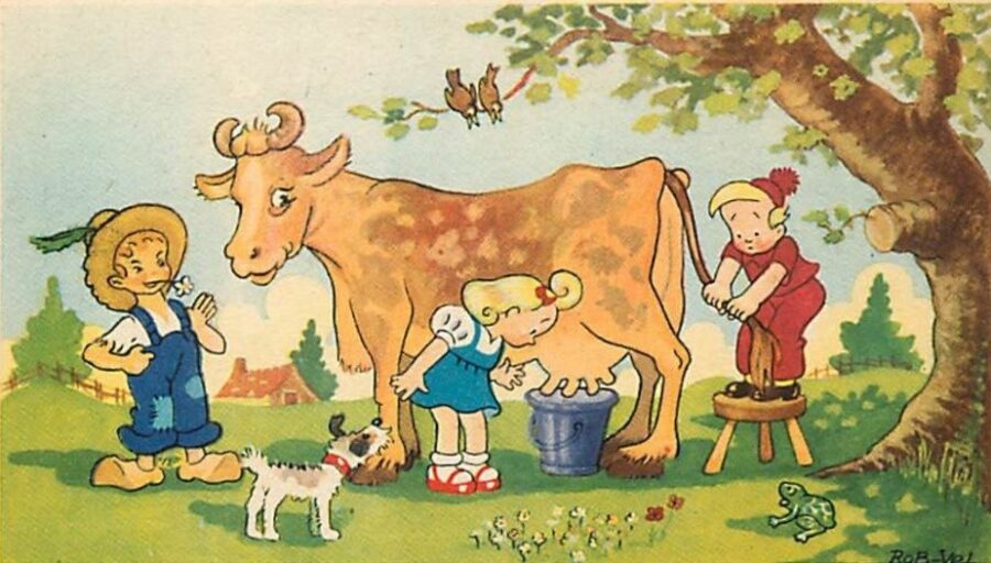 Image d'enfants aux champs trayant une vache.