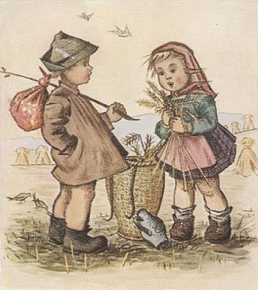 Deux enfants fille et garçon glanant du blé.